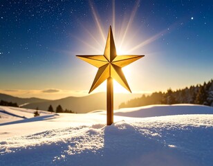 Golden star on snowy mountain landscape at sunrise