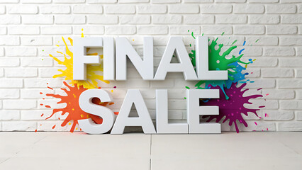 Bright and colorful paint splatters explode behind bold white 3d letters spelling out final sale against a white brick wall