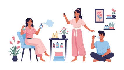 Three diverse young adults enjoying a beauty routine with skincare products and fragrances in a bright modern home setting
