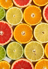 Colorful flat lay background of assorted citrus fruit slices, a symbol of health, vitality, and a fresh summer diet