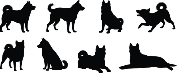 Black dog silhouettes in various poses, standing, sitting, playing, and lying down, isolated animal vector illustrations for pet design, decoration, artwork