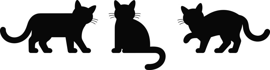 Black cat silhouettes in different poses, standing, sitting, walking, animal vector illustration for pet design, decoration, artwork, feline icon, domestic cat
