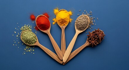 Various spices in wooden spoons on blue background