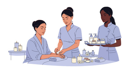 Diverse group of medical professionals in scrubs providing patient care and administering treatments in a healthcare setting illustration