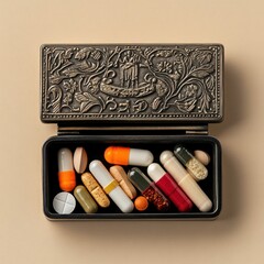 Antique metal box filled with colorful pills and capsules on a beige background showcasing medicine and healthcare products
