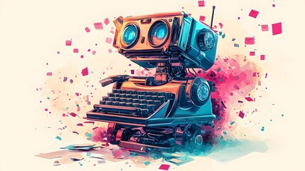 Futuristic Typewriter Robot A Whimsical Blend of Technology and Art, Adorned with Abstract Splashes of Color