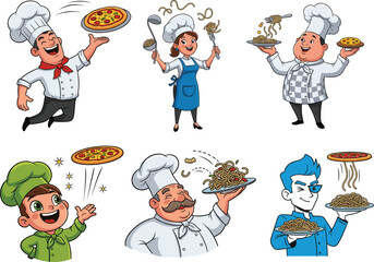 Cartoon chefs cooking pizza and pasta in fun poses, whimsical vector illustration for Italian cuisine, restaurant, kitchen, food, and culinary themes
