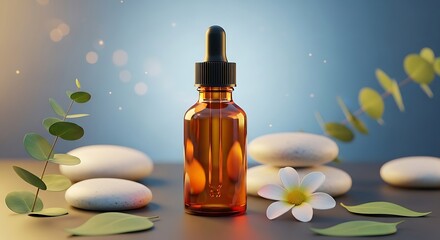 Essential oil bottle with flower and stones