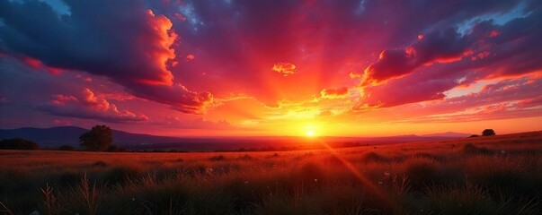 Obraz premium Fiery hues paint the sky as the sun dips below the horizon, casting long shadows across the landscape A breathtaking display of color and light at the end of the day , day's end, atmospheric