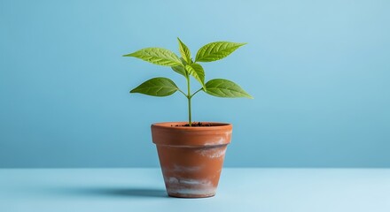 Small plant in a pot on a blue background