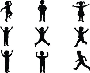 Children silhouette vector set, kids playing poses, jumping running figures, happy childhood moments, joyful expressions, fun activities, freedom design, energetic movement illustration