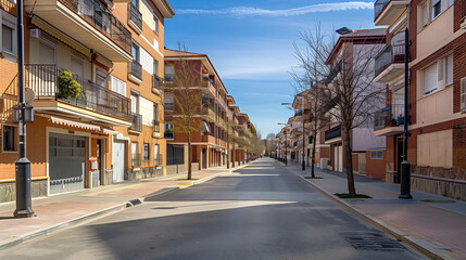 Residential urban street with medium-height apartment buildings, balconies, asphalted road with sidewalks and trees, sunny spring day in Spain, realistic architectural photography.
