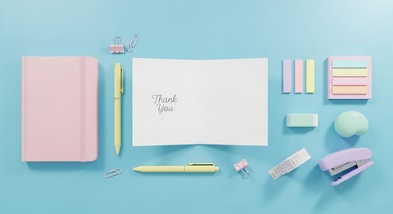 Stationery items on the light blue background