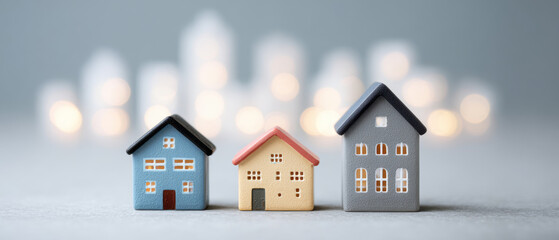 Miniature Homes: Captivating tiny houses, each with unique facades, stand aligned against a blurred cityscape. These charming abodes.