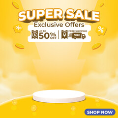 Super Sale Yellow Banner with Podium and Discount Icons