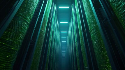 Fototapeta premium Vertical seaweed farms glowing green algae in a clear cultivation tube, subtle bubbles, liquid movement, organic light source
