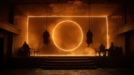 Stage setting with figures, glowing rectangle and circle