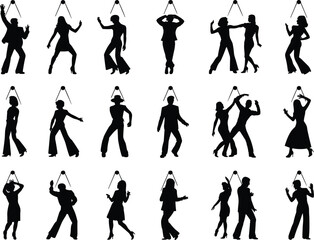 Dancing silhouettes, disco party people, retro dancers, couple dance poses, nightclub party illustration, stylish man and woman moves, energetic performers, vector dance design