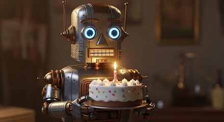 Robot Celebrating Birthday with Cake.