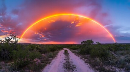 A vivid double rainbow arcs across a dramatic sunset sky over a desert landscape with a dirt road