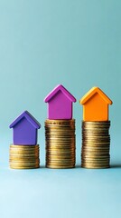 Colorful Toy Houses on Stacks of Coins Depicting Real Estate Investment Growth