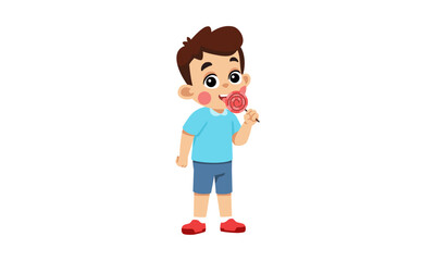 A cute cartoon boy in a blue shirt and shorts standing while happily licking a sweet red lollipop.