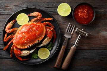 Cooked crab on plate with lime sauce fork  mallet Wood background