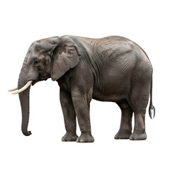 Obraz premium A full-body side profile of a majestic African elephant with ivory tusks, thick grey wrinkled skin, and large ears, standing isolated on a white background.