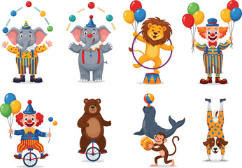 Colorful circus vector set featuring animals, clowns, and performers in playful costumes with juggling, unicycle, and balancing acts for kids illustrations