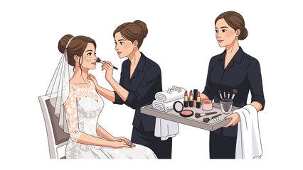 Bride receiving professional makeup application from a skilled makeup artist with a tray of cosmetics and tools on a white background