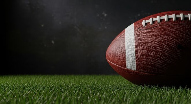 Close up of an american football on a grassy field with dark background - Powered by Adobe