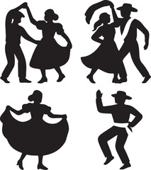 Folkloric dance pose set icon silhouette with traditional cultural movements, celebration, and art.