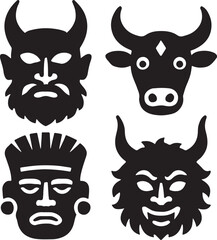 Folkloric mask set icon silhouette with traditional cultural art, tribal heritage, and mystic design.