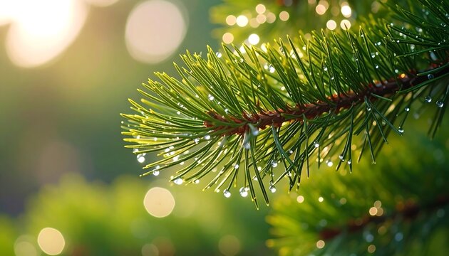 Dew-kissed pine branch in sunlight