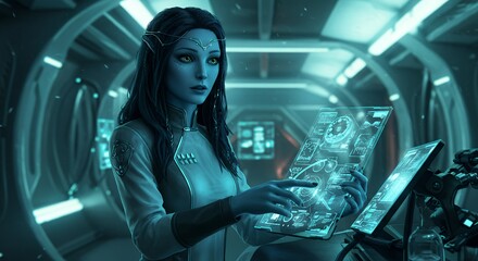 Alien woman working in futuristic medical lab