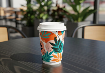 A disposable coffee cup, positioned centrally on a dark wooden table