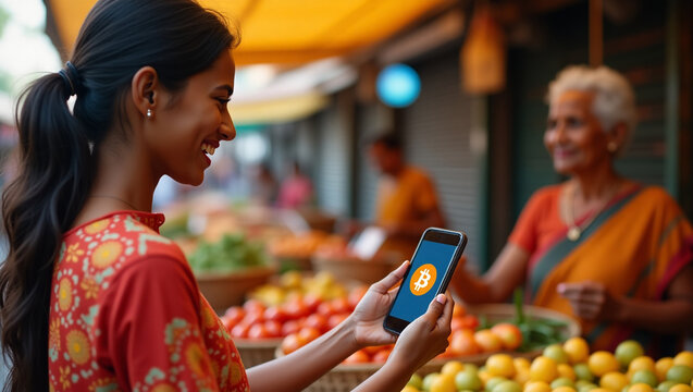 Young woman pays for produce at a vibrant market using mobile payment silhouette - Powered by Adobe