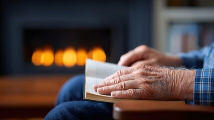 Close up on elderly hands holding and reading an open book in front of a fireplace blue plaid shirt and blue denim pants