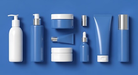 Set of cosmetic containers on blue background