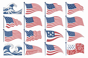 Various american flags waving and a stylized wave illustration on a white background display of patriotism