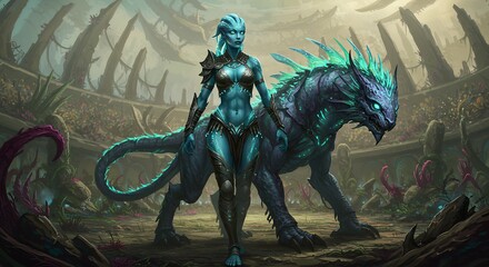 Female figure riding fantasy beast