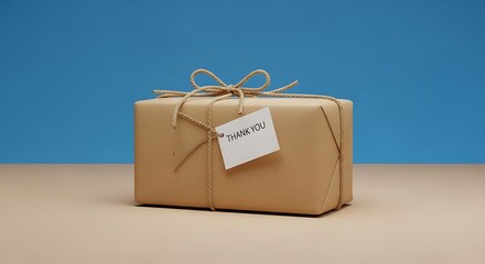 Gift box with tag on beige surface