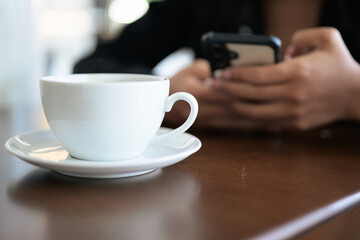 Close-up of woman hands texting and chatting using mobile phone indoors in coffee shop restaurant