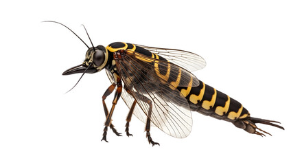 A detailed side view of a large yellow and black striped horntail woodwasp insect isolated on a clean white background.