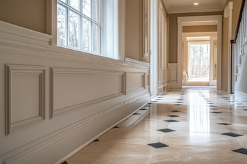 Black and white checkered hallway floor.