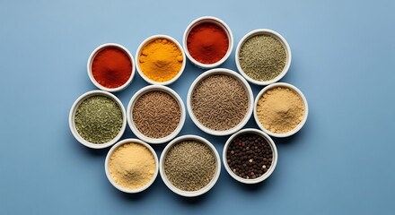 Various spices in bowls on a blue background