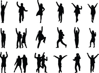 Silhouette collection of people celebrating success, jumping with joy, raising hands in happiness, teamwork achievement, business victory and lifestyle celebration vector illustration