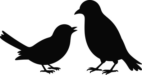 Silhouette illustration of two birds facing each other, perched on ground, black vector artwork for wildlife, nature, animal, love, couple, communication themes