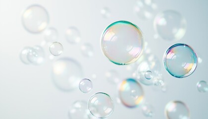 Ethereal Soap Bubbles Floating In The Air Against A White Background, Creating A Delicate And Serene Atmosphere.