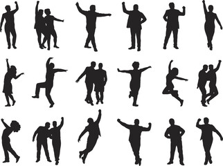 Silhouette people dancing, jumping, celebrating, vector illustration of human poses, man and woman figures, joyful party dance silhouettes, black outline art
